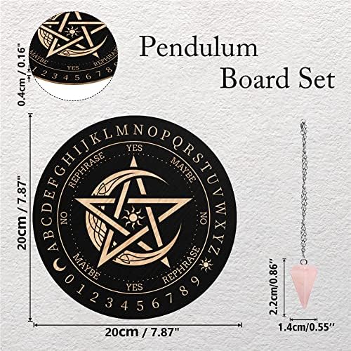 CRASPIRE Pendulum Board Pentagram Dowsing Divination Metaphysical Message Board 7.9Inch Wooden Carven Board with Rose Quartz Crystal Dowsing Pendulum Witchcraft Wiccan Altar Supplies Kit