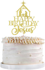 Happy Birthday Jesus Cake Topper-Gold Glittery Jesus Birthday Cake Decorations,Christian Christmas Cake Decoration,Nativity Scene Christmas Party Decoration (gold)