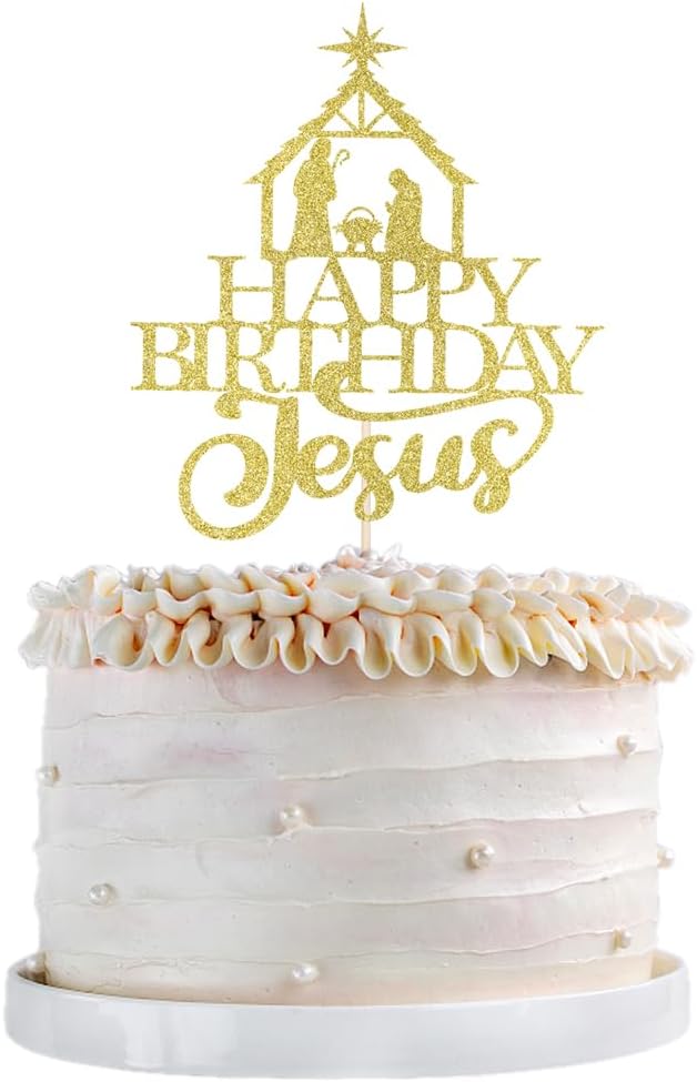 Happy Birthday Jesus Cake Topper-Gold Glittery Jesus Birthday Cake Decorations,Christian Christmas Cake Decoration,Nativity Scene Christmas Party Decoration (gold)