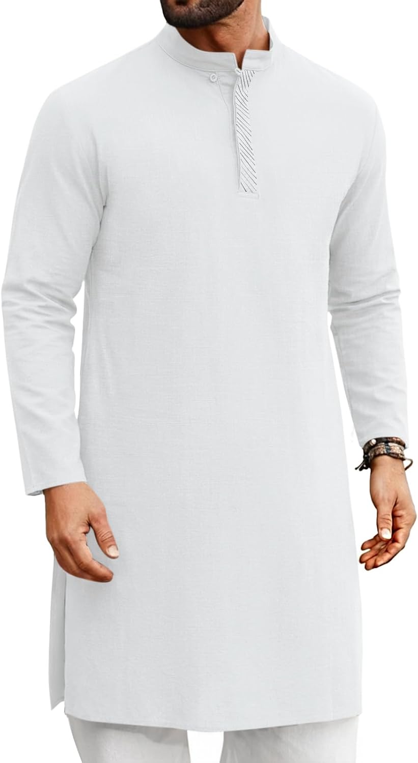 Runcati Mens Kaftan Thobe Long Sleeve Casual Henley Shirts Button Down Kurta Cotton Linen Muslim Gown Robe