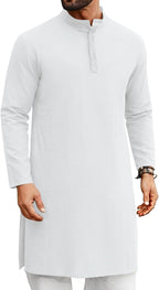 Runcati Mens Kaftan Thobe Long Sleeve Casual Henley Shirts Button Down Kurta Cotton Linen Muslim Gown Robe
