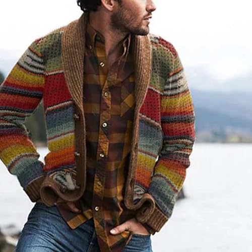 Mens Cable Knit Cardigan Outerwear Shawl Collar Knited Topcoat with Pockets Vintage Slim Fit Sweater