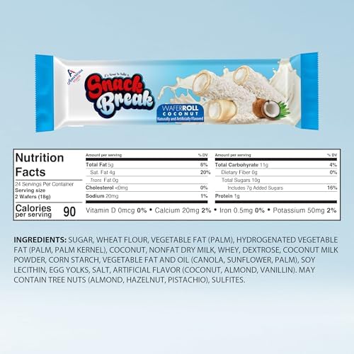 Snack Break Coconut Wafer Rolls, Rolled Wafer Cookies, Coconut Coated Delicious Snack, Individually Wrapped, Crunchy Sticks for On-the-Go, Coffee, Tea, Pack of 24