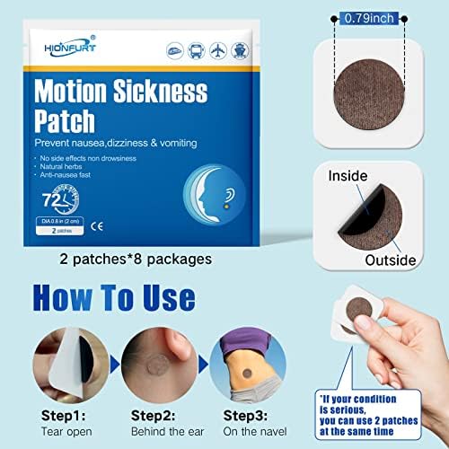 Hionfurt 16ct Motion Sickness Patches – Sea Sickness Patches for Cruise, Car, Airplane, and Other Travel – Non-Drowsy, Effective, Lasts 72 Hours