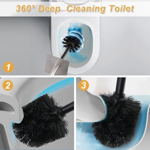 Toilet Bowl Brush and Holder for Bathroom，Resin Toilet Brush and Holder Set with Stainless Steel Handle，Deep Cleaning Modern Toilet Cleaner Brush -Space Saving, Covered Brush (Beige)