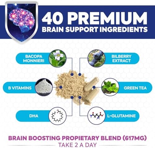Brain Memory Supplement - 3X Strength Nootropics for Concentration, Clarity & Focus Support - Brain Health Cognitive Vitamins with Bacopa, Phosphatidylserine & DMAE, Brain Booster, 120 Capsules
