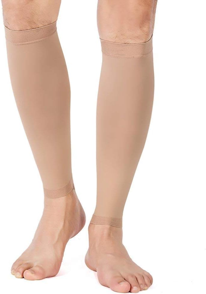 TOFLY® Calf Compression Sleeve for Men & Women, 1 Pair, Footless Compression Socks 20-30mmHg for Leg Support, Shin Splint, Pain Relief, Swelling, Varicose Veins, Maternity, Nursing, Travel, Beige L