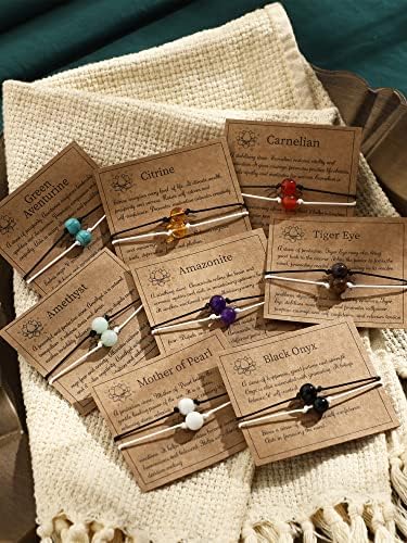 Yinkin 16 Pcs 8mm Crystal Bracelet Bulk with Wish Cards Set Adjustable Natural Gemstone Bracelet Bulk Friendship Bracelets Women Healing Crystal Stone Bracelets Braided Beaded Spiritual Jewelry Gifts