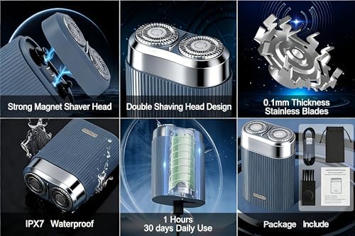 Dual Head Electric Shaver for Men, Rechargeable USB Portable Razor, Wet & Dry Washable Rotary Shaver, Compact Travel Shaver (Navy Blue)