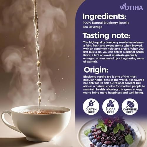 WOTIHA 60 Count Premium Blueberry Hibiscus Tea Bags - 100% Natural, Sweet & Tangy Flavor, Rich in Antioxidants, Enjoy Hot or Iced, Caffeine-Free, Additive-Free, Sugar-Free, Vegan