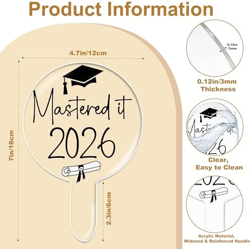 Mastered It Graduation Cake Topper Class of 2026, Congrats Grad Toppers Acrylic Graduation Cake Decorations and Centerpieces, High School College University Grad Party Decor Supplies