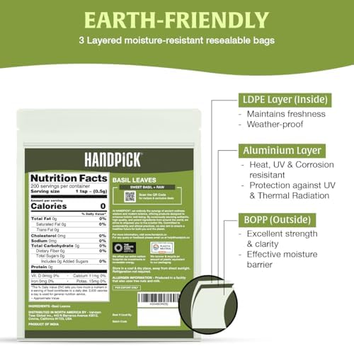 HANDPICK Dried Basil Leaves 40 Servings (100g/ 3.5oz) Non GMO, Gluten Free, 100% Raw Whole Tulsi Leaf, Sourced from India, Premium Quality, Packed in Resealable Ziplock Pouch