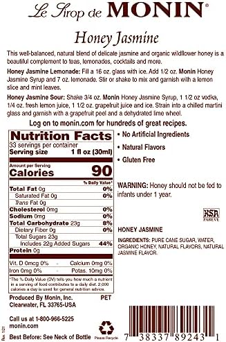 Monin - Honey Jasmine Syrup, Honey & Sweet Jasmine Flavored Syrup, Coffee Syrup, Natural Flavor Drink Mix, Simple Syrup for Coffee, Tea, Lemonade, Cocktails, & More, Gluten-Free, Clean Label (1 Liter)
