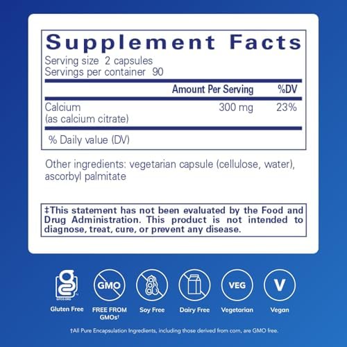 Pure Encapsulations Calcium (Citrate) - Supplement for Bone, Teeth, Colon, and Cardiovascular Health Support* - with Premium Calcium Citrate - 180 Capsules