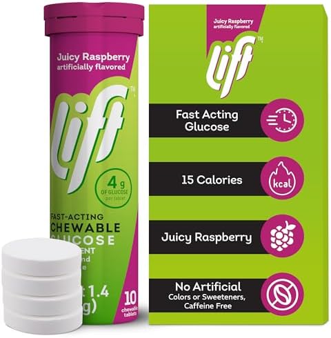 Lift Glucose Fast-Acting Glucose Chewable Energy Tablets, Raspberry, 10 ct Tube (Pack of 12)