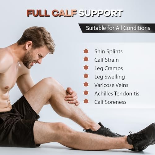 Copper Calf Compression Sleeves for Men & Women - High Stretch Graduated Compression with Anti-Slip Grip | Breathable & Smooth Lining Footless Design for Runners, Shin Splints, Leg Fatigue & Travel (1 Pair)