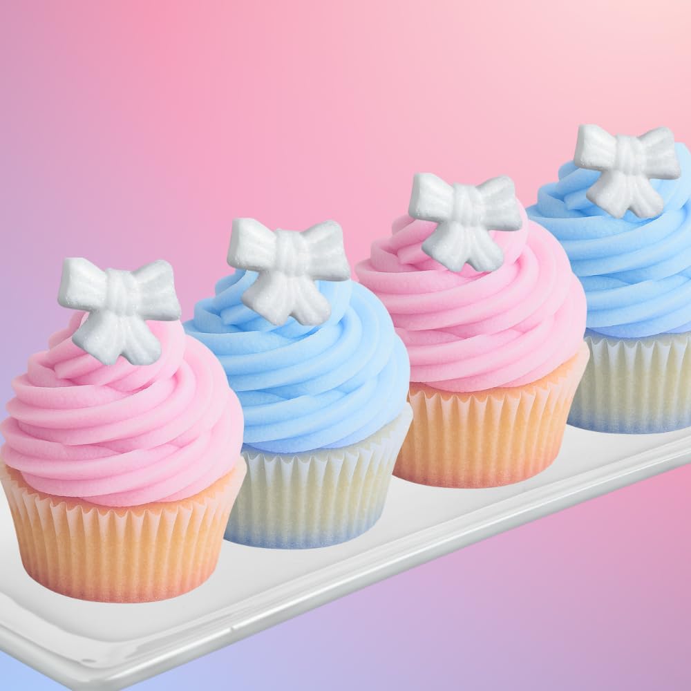 Ready to Use Sugar Decoration Toppers For Cake Cupcakes Cookies and More (White Bow)