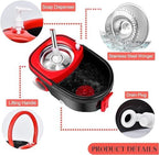 mop and Bucket Set with Wringer - 360° Rotating Mop Bucket Floor Cleaning System on Wheels, 3 Microfiber Mop Refills for Fast Cleaning, Extendable 61"" Stainless Steel Handle, Black&red