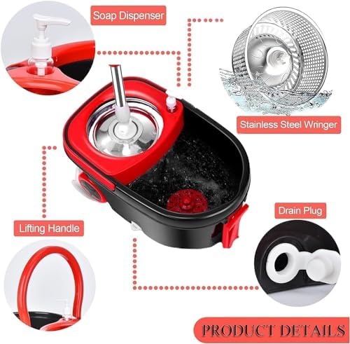 mop and Bucket Set with Wringer - 360° Rotating Mop Bucket Floor Cleaning System on Wheels, 3 Microfiber Mop Refills for Fast Cleaning, Extendable 61"" Stainless Steel Handle, Black&red