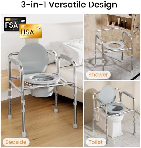 SOUNDFUSE 3 in 1 Bedside Commode Chair, Sturdy Dual-Crossbar Support, 350 Lbs Weight Capacity, Bedside Commode for Seniors with 7.5Qt Bucket, Portable Potty Chair for Adults, Silver