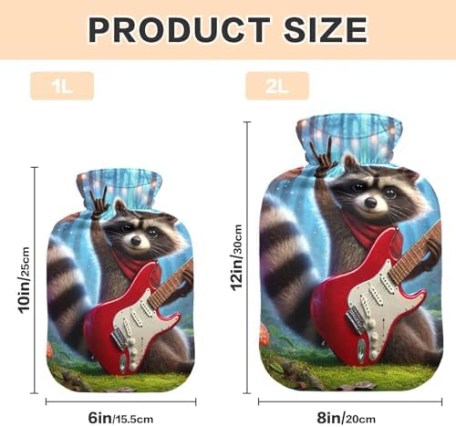 Cute Raccoon Holding Guitar Hot Water Bottle with Soft Cover Feet and Bed Warmer Hot Water Bag for Neck and Shoulder Pain Relief, 1L