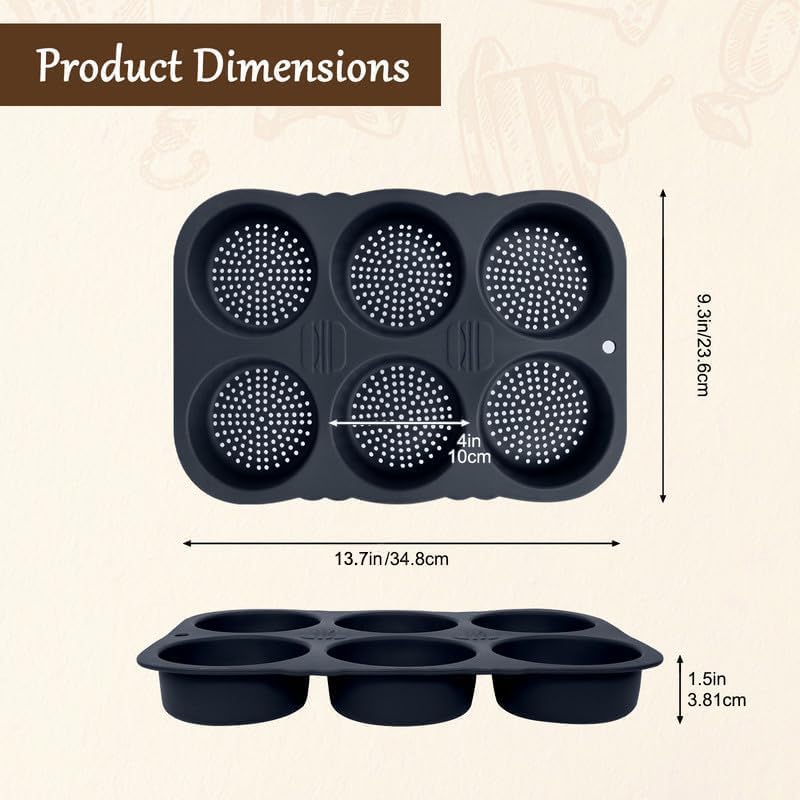 Hamburger Bun Pan,6 Cavity Silicone Hamburger Bread Mold,Non-Stick Heat-Hamburger Bun Mold,Food-Safe Silicone Hamburger Bun Pans for Baking Hamburger Bun hot dog bun pan