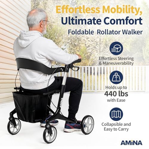 AMiNA Carbon Fiber Rollator Walker with Seat 440 lbs Capacity Black – Foldable Ultra‑Lightweight Rollator Walkers for Seniors with Seat, Hand Brakes and Removable Basket for Compact Routine Mobility