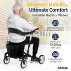 AMiNA Carbon Fiber Rollator Walker with Seat 440 lbs Capacity Black – Foldable Ultra‑Lightweight Rollator Walkers for Seniors with Seat, Hand Brakes and Removable Basket for Compact Routine Mobility