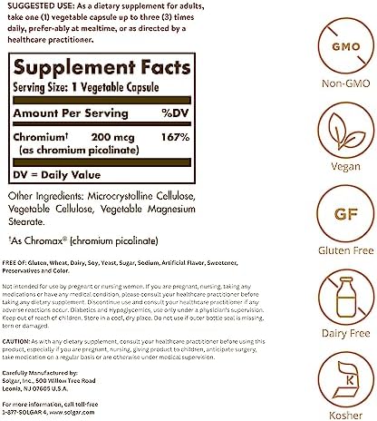 Solgar Chromium Picolinate 200 mcg, 180 Vegetable Capsules - Supports Healthy Blood Sugar Metabolism - Non-GMO, Vegan, Gluten Free, Dairy Free, Kosher - 180 Servings