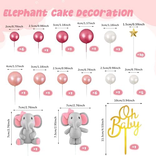 38 PCS Elephant Cake Decoration Cute Baby Elephant Cake Decorations Oh Baby Cake Topper Star Cake Topper Pink Pearl Balls Cake Picks for Baby Shower Girl Elephant Theme Party Supplies