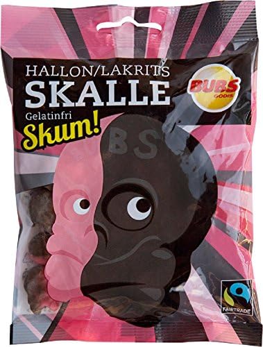 2 Bags x 90g of Bubs Godis Hallon / Lakrits - Skalle - Skum - Original - Swedish - Raspberry / Liquorice Skull Foam - Gelatine Free - Wine Gums - Candy