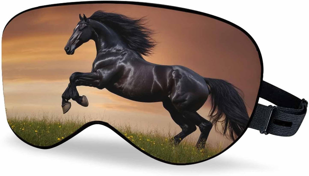 Black Silk Friesian Horse Sleep Eye Mask with Adjustable Strap for Men Women Travel, Nap, Meditation