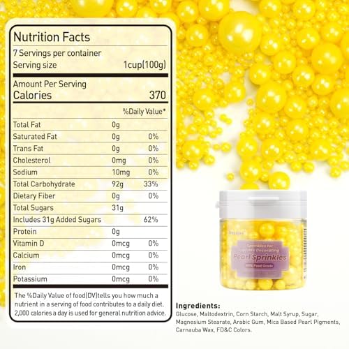 Dazzjoy Edible Pearls, Yellow Pearl Sugar Sprinkles, 130g/4.58oz, Yellow Ball Pearls for Cake Decorating, Cupcake Toppers, Baking Cake Decoration, Easter Party Holiday Supplies