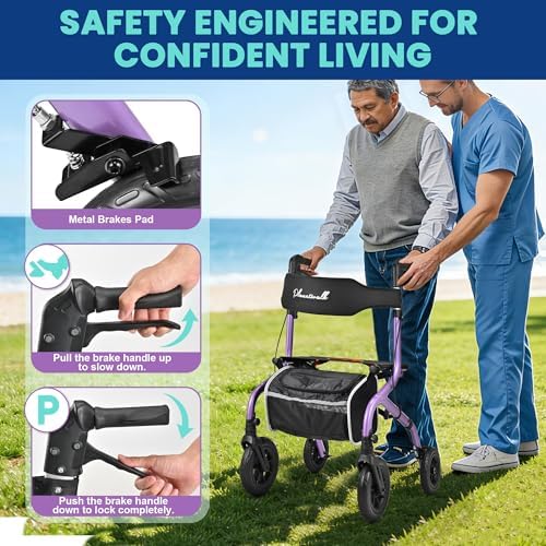 Foldable Rollator Walker: 10" & 8" All-Terrain Wheels, 300lb Capacity, Treaded Rubber Tires, Breathable Seat & Backrest, Lightweight Mobility Aid for Seniors, Purple