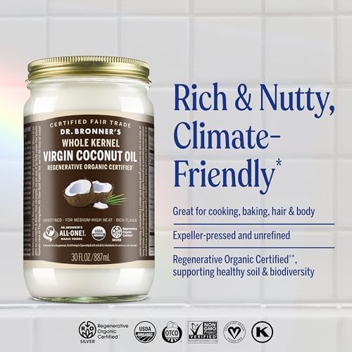Dr. Bronner's - Organic Virgin Coconut Oil (Whole Kernel, 30 Ounce) - Coconut Oil for Cooking, Baking, Hair and Body, Unrefined and Fresh-Pressed, Rich and Nutty Flavor, Fair Trade, Vegan, Non-GMO