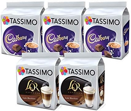 Tassimo Variety Selection - Cadbury Hot Chocolate/L'Or Latte Macchiato - 5 Packs (40 Servings)