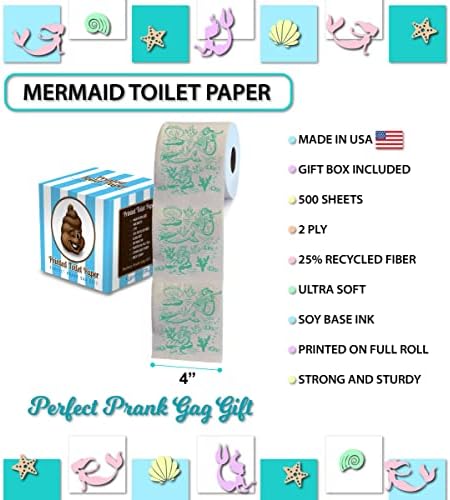 Printed TP Mermaid Pattern 2 Ply Toilet Paper Bathroom Tissue - Novelty Green Bath Tissue Roll - Funny Toilet Paper for Home Decor, Potty Gag Gifts, Prank and Hilarious White Elephant - 500 Sheets