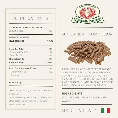Rustichella d'Abruzzo Organic Buckwheat Tortiglioni (Pack of 2), 250g Each - Gluten-Free Pasta with Distinct Buckwheat Flavor - Artisan Pasta from Italy