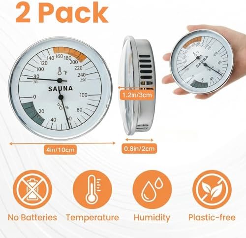 Hacaroa 2 Pack Sauna Thermometer Fahrenheit, 2 in 1 Thermometer and Hygrometer Wall Mounted, Precise Temperature Humidity Gauge Steam Sauna Accessories for Sauna Room, 70-250°F, 0-100% RH