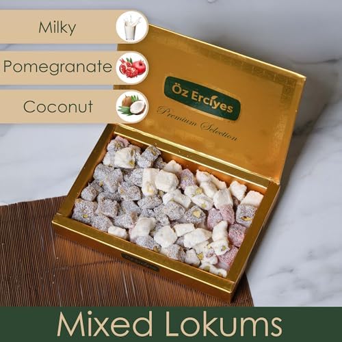 Assorted Turkish Delight Mix – Pistachio, Pomegranate, Milk & Coconut Walnut Lokum, Gourmet Turkish Candy Gift Box, Dulces Turcos, 17.6 oz (500g) (Pistachio-Mixed)