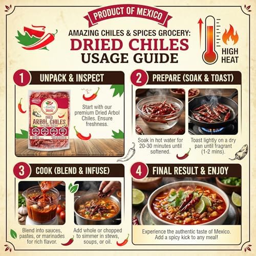 Chile De Arbol 4oz - Dried Whole Red Chili Peppers, Premium All Natural Stemless, Resealable Bag. Use in Mexican, Chinese and Thai Dishes. Spicy Hot Heat Full of Flavor