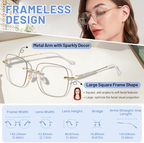 2 Packs Rimless Blue Light Blocking Reading Glasses for Women, Sparkling Metal Computer Readers