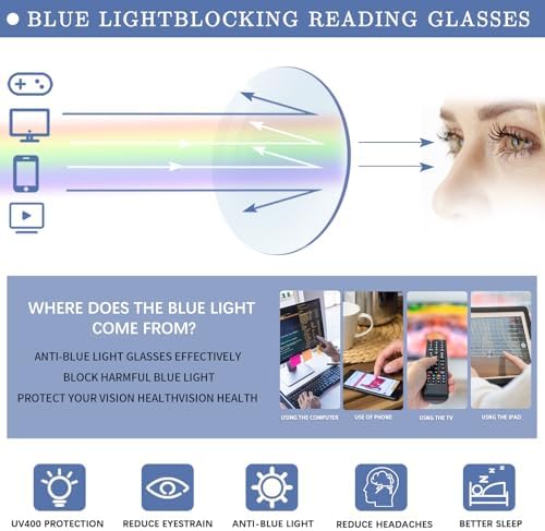6 Pack Reading Glasses for Women Men, Spring Hinge Eyeglasses Blue Light Blocking Anti Eyestrain Computer Readers
