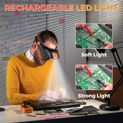 Headband Magnifier with Light, Rechargeable Magnifying Glasses for Close Work, 1.5X - 3.5X Magnify Headset with 4 Lenses, Jewelers Magnifying Glass Loupe Visor for Repair,Crafts, Hobby