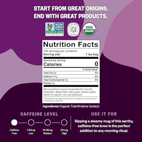FGO Organic Tulsi Holy Basil Tea, 100 Count, Eco-Conscious Herbal Tea Bags, Resealable Bag, Caffeine Free, Packaging May Vary (Pack of 1)