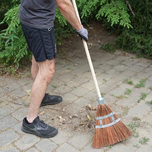 Outdoor Broom Heavy Duty 57” Broomstick with 12” Wide Brush - All Natural Water and Fire-Resistant Piassava Bristles and Wood Handle Brooms for Sweeping Indoor Garage and Garden by Kings County Tools