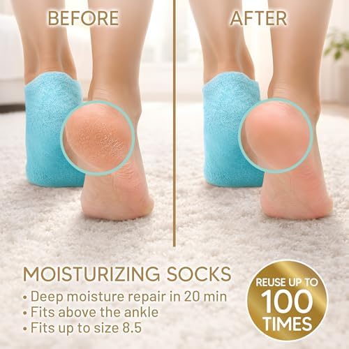 Moisturizing Socks (Up to Size 8.5) – Self Care Gifts for Mom - Infused with Vitamin E & JoJoba Oil - Gel Silicone Aloe Foot Care Socks - Mothers Day Spa Gifts for Women