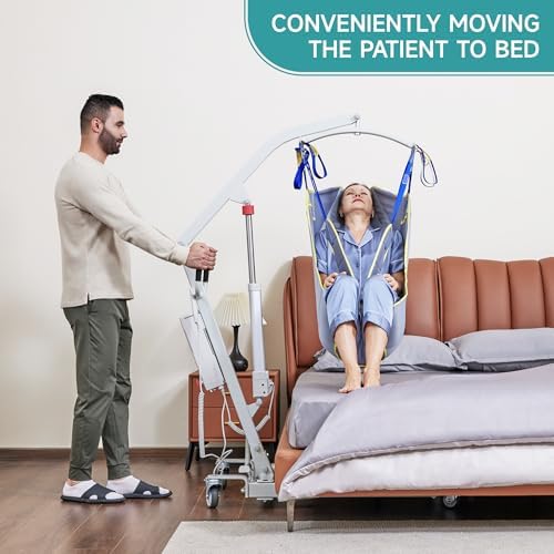 ELENKER Electric Patient Lift, Electric Patient Lift for Home use or car Travel, Battery Powered with Low Base, 400lb Weight Capacity with Medium U-Sling, Adjustable Patient Lift with Sling, Blue.