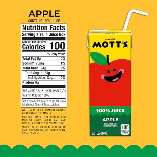 Mott's 100% Original Apple Juice, 6.75 Fl Oz Boxes, 32 Count (4 Packs Of 8), 2 Servings Of Fruit, 100% Fruit Juice, Gluten-free, Caffeine-free, Kosher, Contains No Artificial Colors Or Sweeteners
