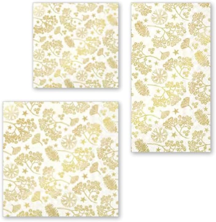 IHR Ideal Home Range Party Napkins Disposable 3-Ply Paper Lunch Napkin Pack, 6.5" x 6.5", Bright Winter Branches (Cream & Gold), 20-Count